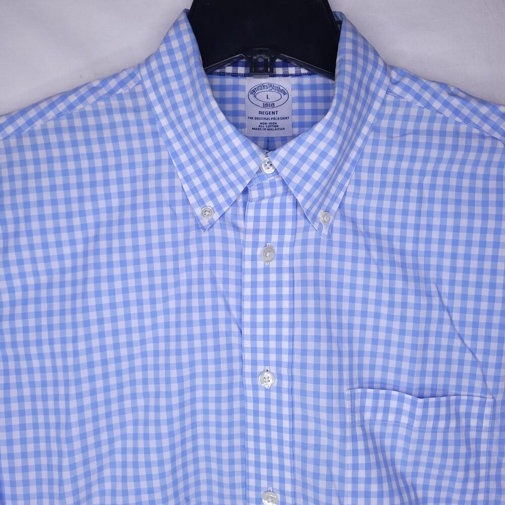 Brooks Brothers Shirt Mens Large Gingham Blue, White Regent Non Iron